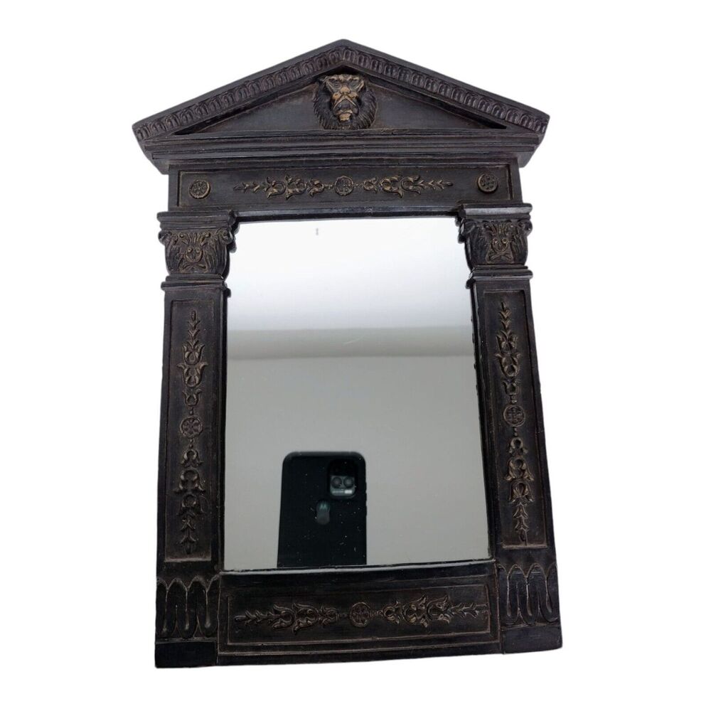 Vintage Rococo Lion Head Mirror Wall Hanging Floral Detailing Framed Faux Bois